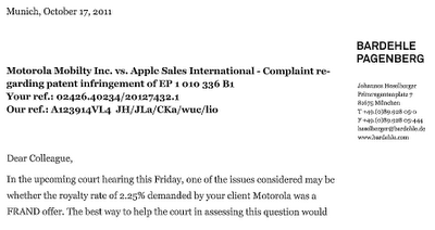Motorolaは、Appleに特許のロイヤリティとしてワイヤレスデバイスの売上高2.25%を要求
