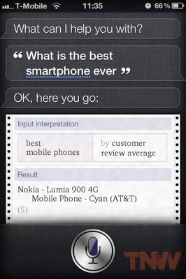 「Siri」は「最高のスマートファンは？」という質問に「Nokia Lumia 900」と答える!?