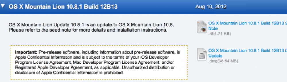 Apple、デベロッパー向けに「OS X Mountain Lion 10.8.1(build 12B13) 」リリース