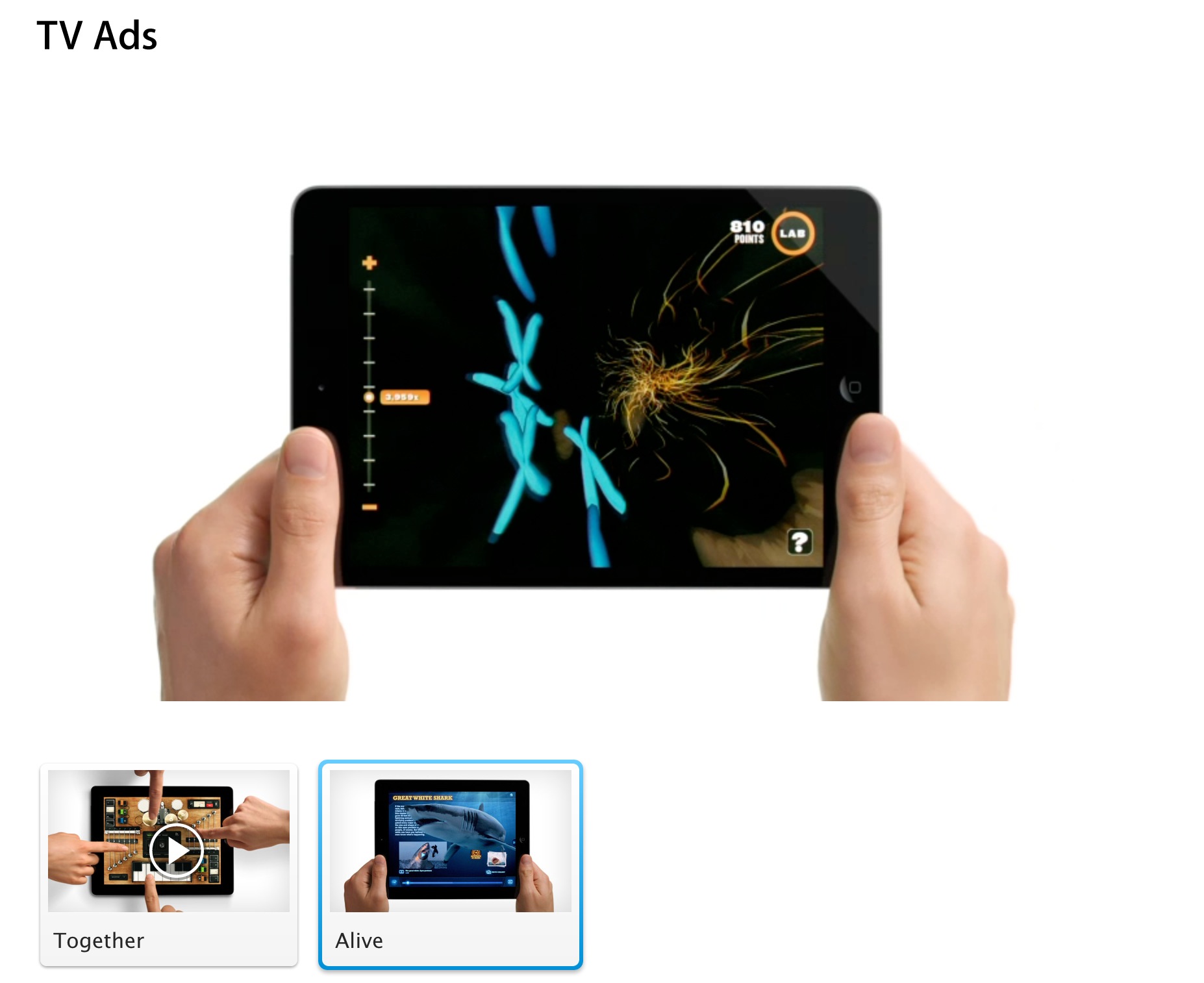 Apple、iPadの新しいTVCM「Together」と「Alive」を公開