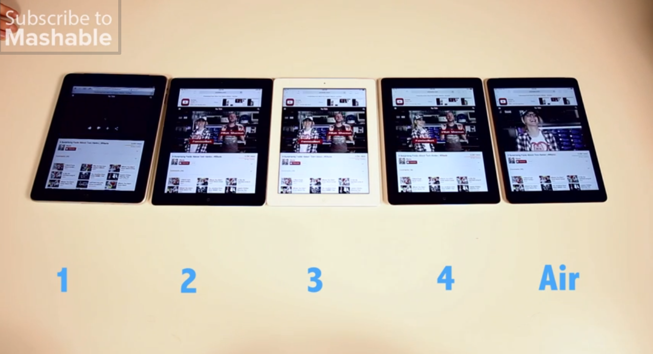 「iPad Air」と歴代iPadの起動時間やウェブブラウジングの時間などを比較したムービー