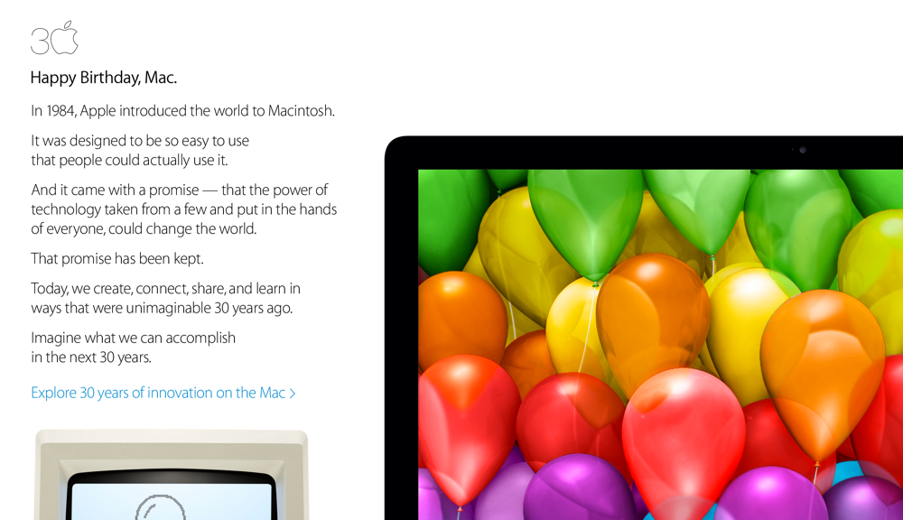 Apple、公式サイトで30周年を迎えた「Mac」の特設ページを公開