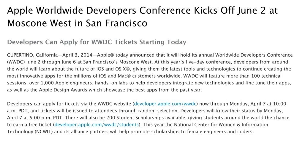 Apple、「WWDC 2014」を2014年6月2日から開催すると発表