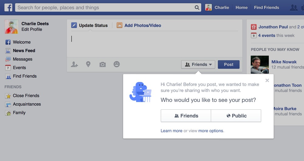Facebook、投稿のデフォルト公開範囲を「友人」に変更