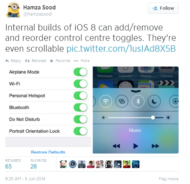 「iOS 8」ではコントロールセンターのオプションをカスタマイズ可能に!?