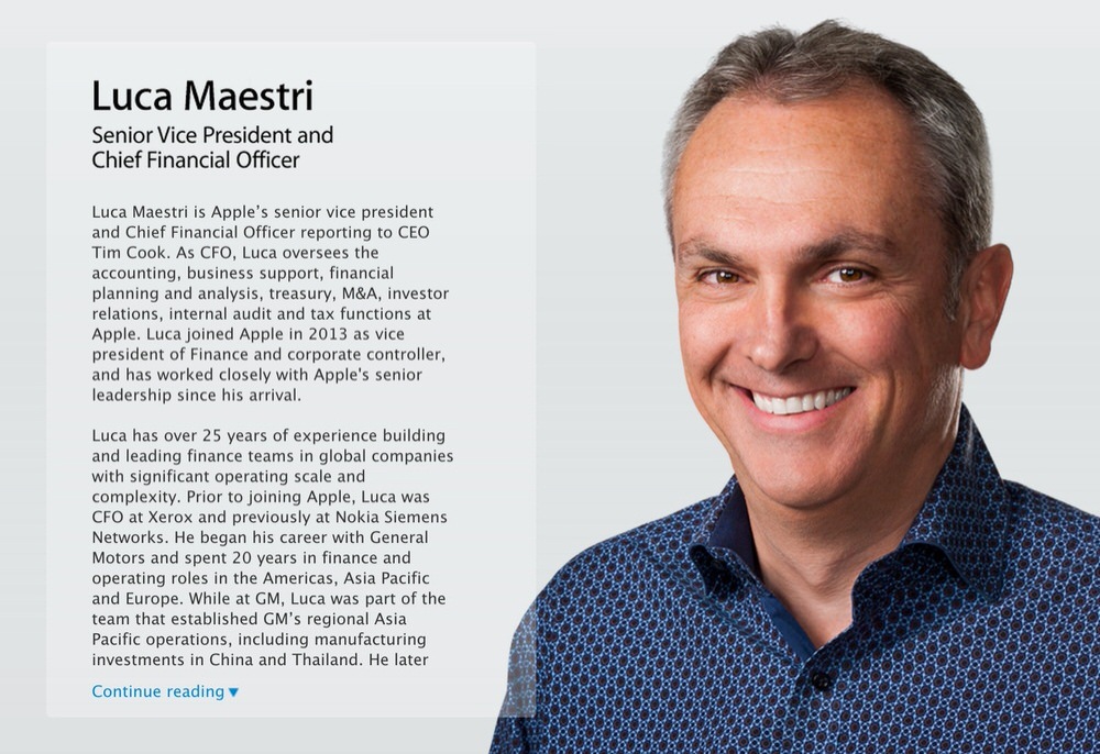 Apple、「Apple Leadership」ページに新CFO Luca Maestri氏を追加