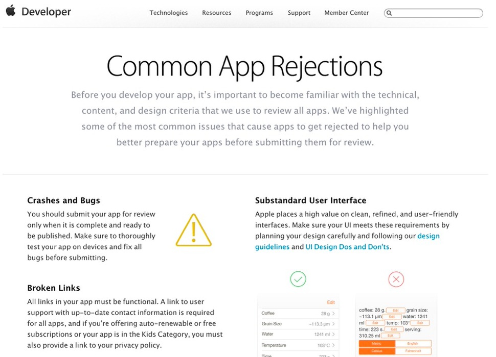 Apple、デベロッパー向けサイトでアプリがリジェクトされる理由を説明するページを公開