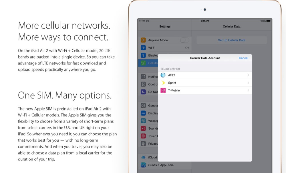 Apple、アメリカとイギリスでは「iPad Air 2」「iPad mini 3」に「Apple SIM」を搭載、キャリアを選択することが可能に