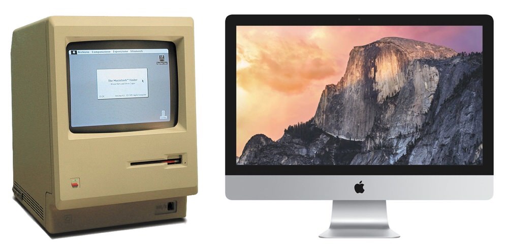 「Macintosh 128K」と「iMac Retina 5Kディスプレイモデル」の解像度を比較した画像