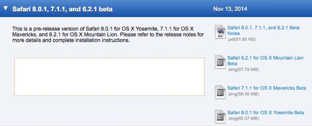 Apple、デベロッパー向けに「Safari 8.0.1、7.1.1、6.2.1 beta」リリース