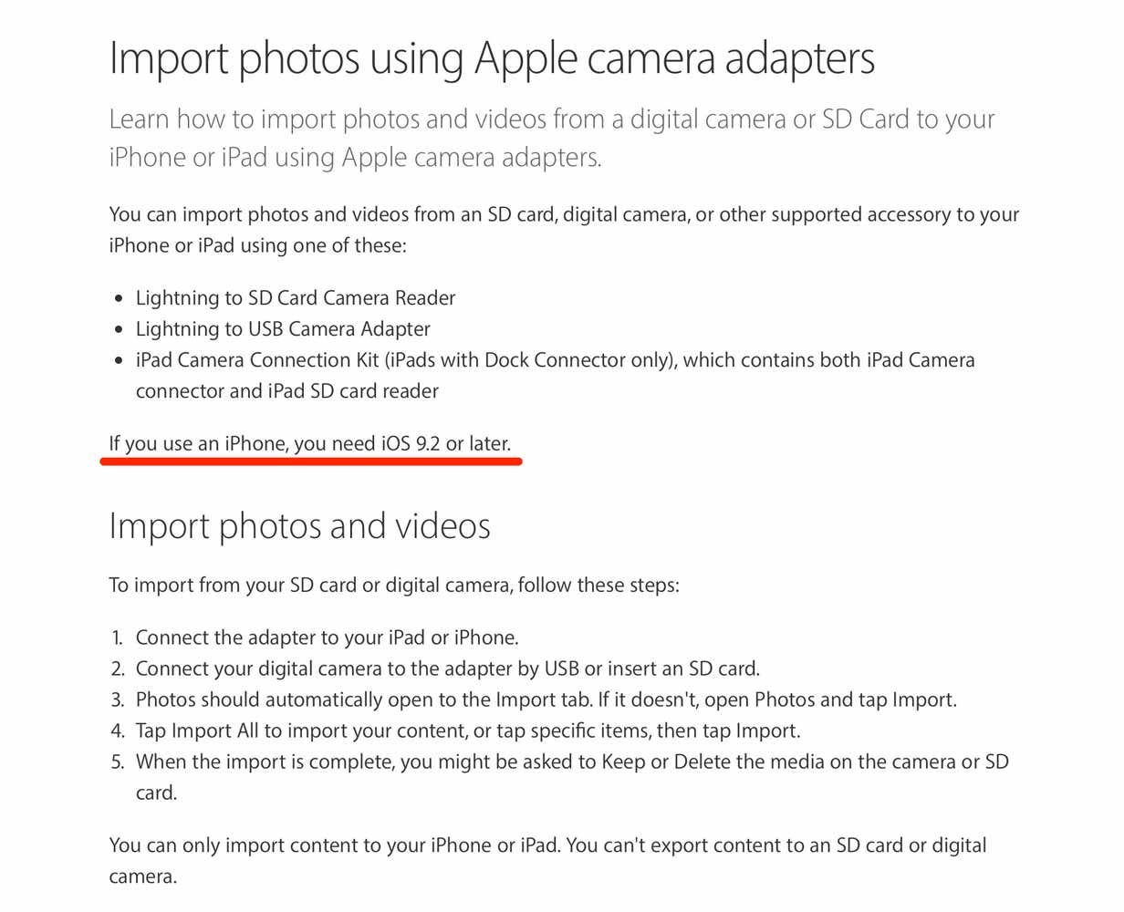 「iOS 9.2」からiPhoneで「Lightning – SDカードカメラリーダー」と「Lightning &#8211; USBカメラアダプタ」が利用可能に