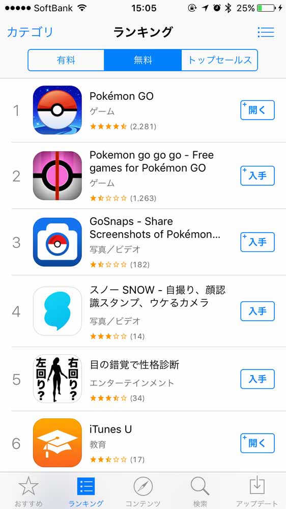 「Pokémon GO」が早くも日本のApp Storeの無料アプリランキングで1位を獲得