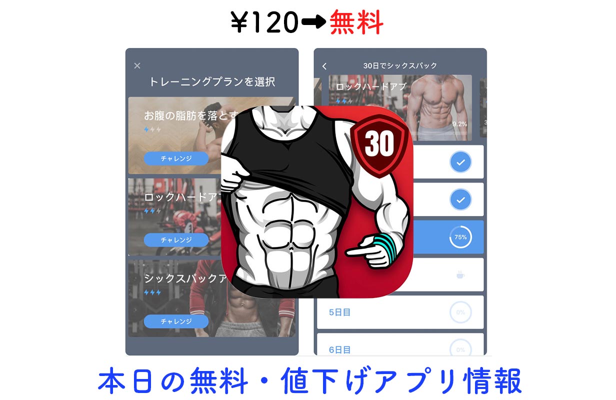 120円→無料、腹筋エクササイズアプリ「30日でシックスパック」など【9/3】セールアプリ情報