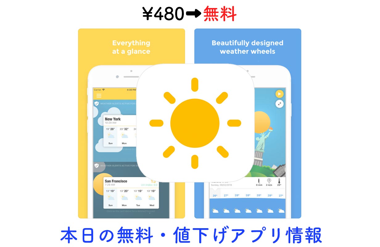 480円→無料、かわいいイラストで天気がわかるアプリ「WeatherWheel」など【12/2】セールアプリ情報