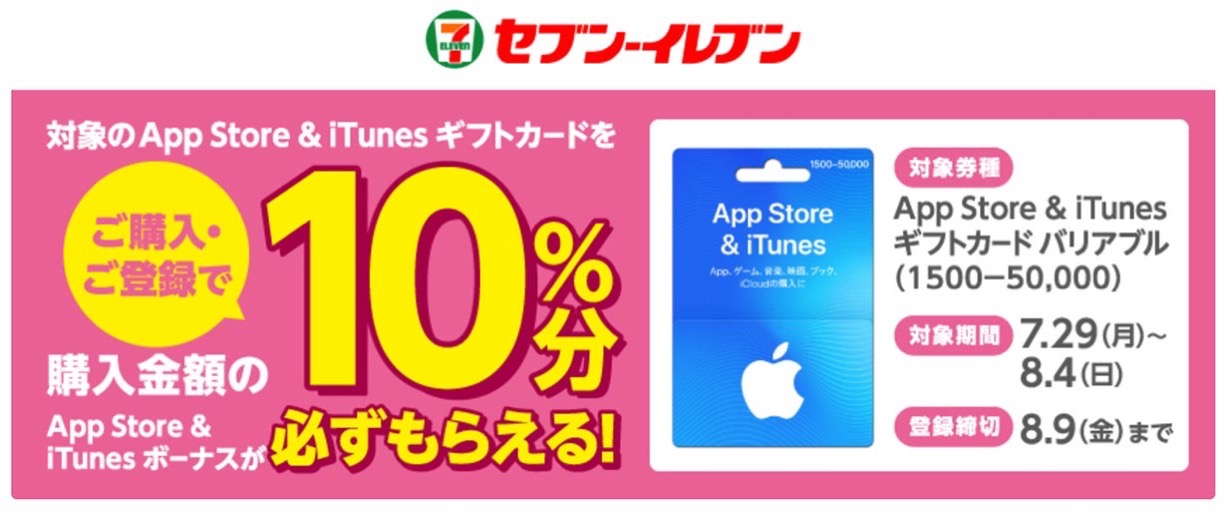 コンビニ各社で「App Store ＆ iTunes ギフトカード バリアブル」購入・応募で10%分のボーナスコードがもらえるキャンペーン開催中（8/4まで）