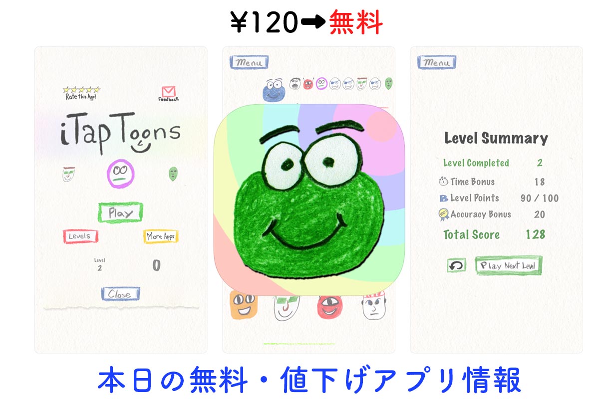 120円→無料、かわいい絵が特徴のパズルゲーム「iTap Toons」など【3/1】セールアプリ情報