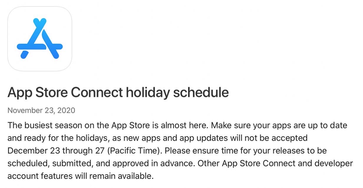 「App Store Connect」の今年の年末休暇は2020年12月23日〜27日まで