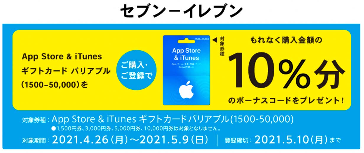 コンビニ各社で「App Store ＆ iTunes ギフトカード バリアブル」購入・登録で10%分のボーナスコードがもらえるキャンペーン開催中（5/9まで）
