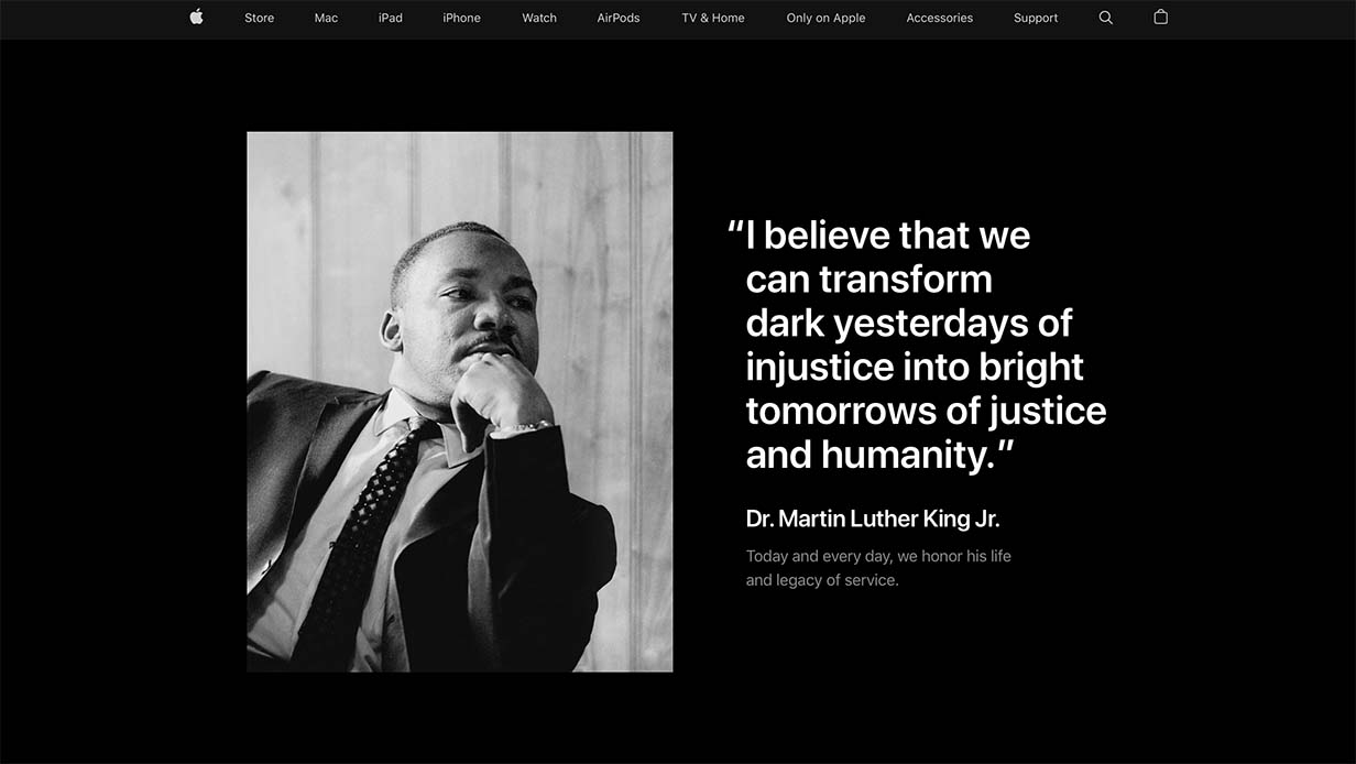 Apple、「Martin Luther King Jr. Day」に合わせてトップページを特別仕様に（2022）